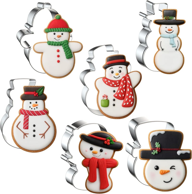 FUSOTO 6PCS Snowman Cookie Cutter Set, Christmas Cookie Cutters, Holiday Shaped Biscuit Molds, Stainless Steel Baking Supplies for Homemade Cookies, Christmas Snowman - Image 1